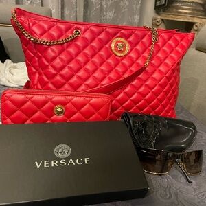 Versace Red Quilted Tote Bag with Gold Accents